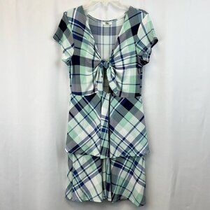 Egs Womens Tiered Dress Green Blue Plaid V Neck Keyhole Front Short Sleeve M